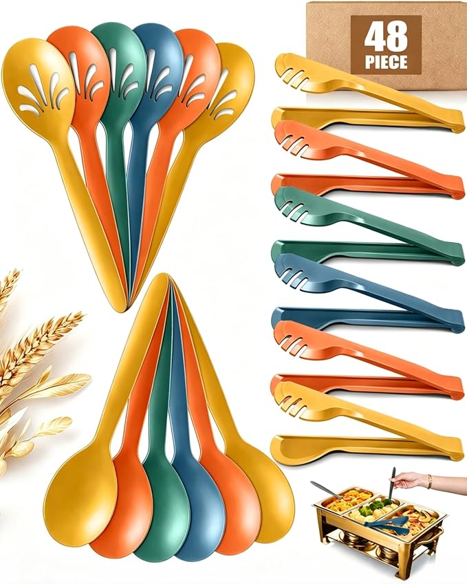 Reusable Plastic Serving Utensils Set of 48, 10" Wheat straw Large Serving set Serving Spoons/Slotted Spoons/Tongs, for Party Buffet Catering (Orange/Blue/Yellow/Green, Not for Cooking)