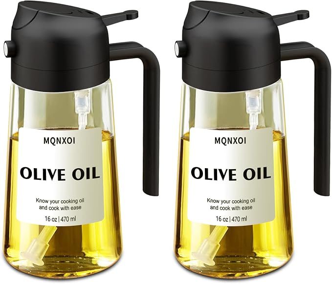 Olive Oil Sprayer for Cooking, 16oz Glass 2 in 1 Oil Dispenser Bottle | Light Blocking, BPA-Free Food Grade, Fine Mist Precise Control, Air Fryer BBQ Salad, Leakproof Anti-Clog, Pre-Printed Labels