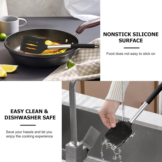 TeamFar Kitchen Utensils, 4 PCS Silicone Cooking Utensils Spatula Spoon Set | with Stainless Steel Handle, for Frying Mixing Draining Turning, Healthy & Heat-proof, Non-stick & Dishwasher Safe - Black