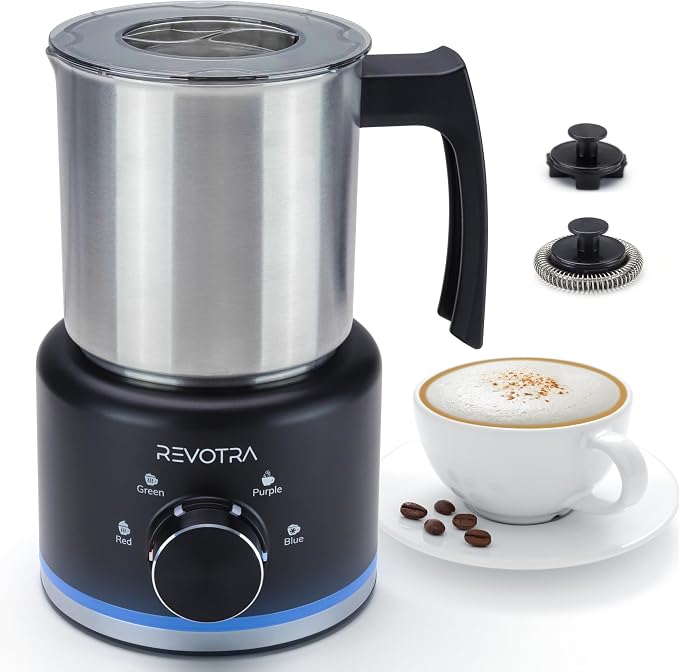 4 in 1 Milk Frother and Steamer, 500ml Stainless Steel Electric Foam Maker | Dial Control & LED Indicator, Hot & Cold Milk Frother, Non-Stick, Silent, Dishwasher Safe, Latte, Macchiato, Hot Chocolate