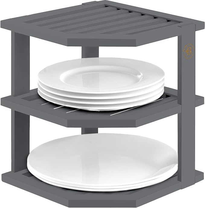 Grey Plate Organizer for Cabinet - 3 Tier Gray Bamboo Corner Cabinet Organizer Shelf for Plates Bowls Mugs Cups, Kitchen Cabinet Organizer, Cabinet Shelf Organizer, Countertop Rack, 10 x 10 x 9.5 Gray