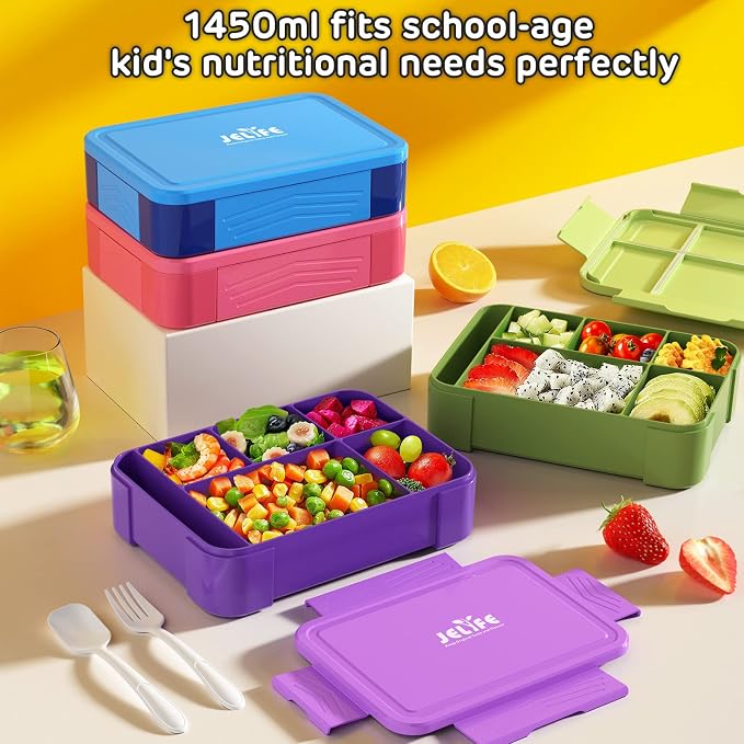 Lunch Box Kids Bento Box - 1450ml Large Leakproof 6 Compartments Kids Lunchbox Toddler Bento Box with Utensils for Back to School,Book-Style Reusable Lunch Snack Containers for Daycare