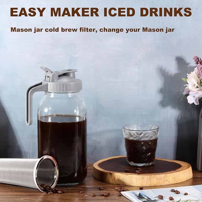 Cold Brew Coffee Filter with Pour Spout Lid for 64 OZ Wide Mouth Mason Jar, 304 Stainless Steel Strainer with Seal Ring for Iced Drinks, Sun Tea Infuser and Cold Brew Coffee Maker