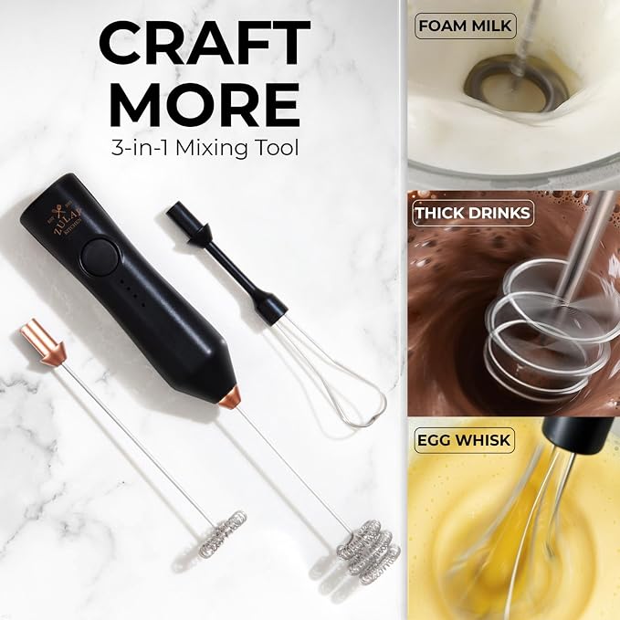 Zulay Kitchen Rechargeable Milk Frother Handheld - Frother Wand, Drink Mixer, Electric Whisk Frother, for Cappuccinos, Matcha & Protein Powder - Dynamic 3 Whisk, 3 Speed 500mAh Black Copper