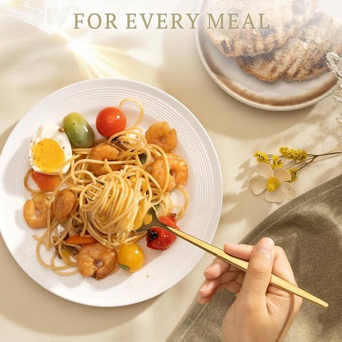 Astercook 24-Piece Gold Silverware Set with Steak Knives Flatware Set for 4 Food-Grade Stainless Steel Cutlery Set Mirror Polished Utensils Set Include Spoons and Forks for Home Kitchen Restaurant