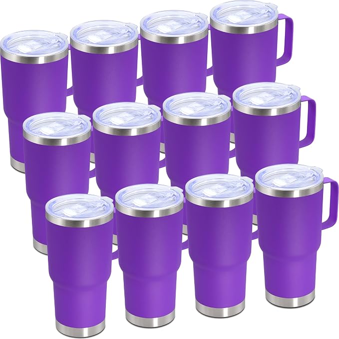 20 oz Tumbler with Handle Coffee Tumblers with Lid Travel Mug Purple 12P | 20oz Tumblers with Handle Double-Wall Insulated Vacuum Coffee Mugs Stainless Steel Tumbler with Handles&Lid Purple 12P