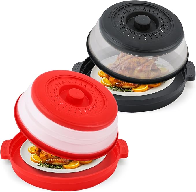 Microwave Splatter Cover for Food with Anti-scald Base Plate,Large Plastic & Silicone Vented Avoid Scalding Collapsible Guard Lid, Plate Holder & Kitchen Colander for Meal Prep-10.7 Inch (2 Pcs BRed)