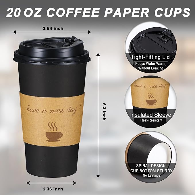 Lamosi 20 oz Coffee Cups 50 Pack, Disposable To Go Paper Cups with Lid | Hot Insulated Cups with Lids, Stir Sticks and Sleeves for Cold Drinks, Tea and Latte, Cafe, Travel and Home Use