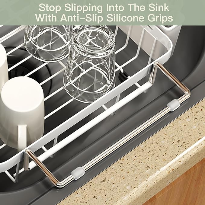 White Dish Drying Rack Over The Sink with Utensil Holder | Expandable Stainless Steel Dish Drainer for Small Kitchen, Apartment, RV, Counter Space Saving, Perfect Fit, Rustproof