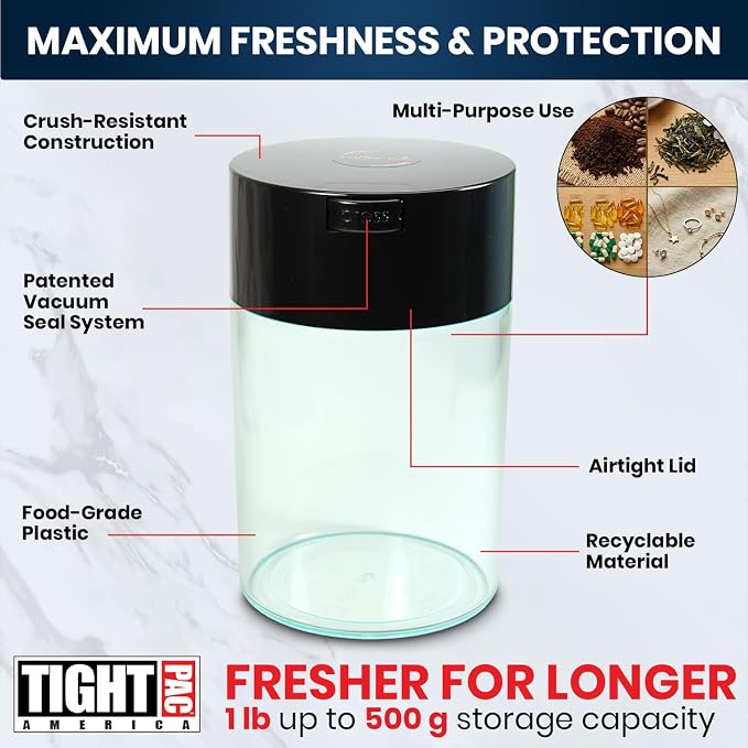 COFFEEVAC 1 LB Airtight Coffee Bean Storage Container, Patented Vacuum Seal, Coffee Grounds Container, 1.85L, Smell Proof, Black Cap and Clear Body