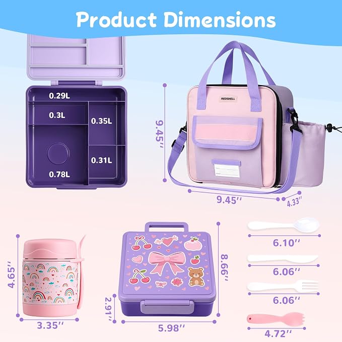 REDSHELL Kids Bento Lunch Box Set, Insulated Lunch Bag for Girls, Purple | Toddler 5-Compartment Lunchbox, Leakproof Food Jar, Snack Container, School Daycare, Bottle Holder, Adjustable Shoulder Strap