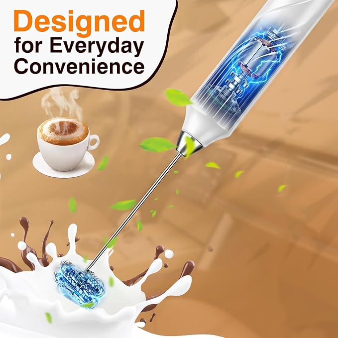 Milk Frother Handheld Rechargeable Electric Frother Wand Coffee Foam Maker with 2 Stainless Stee Whisks & 3 Speeds,Drink Mixer Handheld for for Latte, Cappuccino, Hot Chocolate, Matcha, Egg (White)
