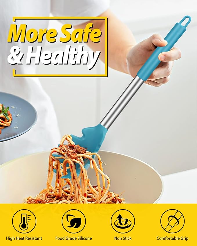 BUNDLEPRO Silicone Pasta Fork and Ladle Spoon Set, 2 Pack, BLUE | Large Non Stick, High Heat Resistant Kitchen Utensils for Cooking,Stirring,Serving Spaghetti, Soup, Sauce