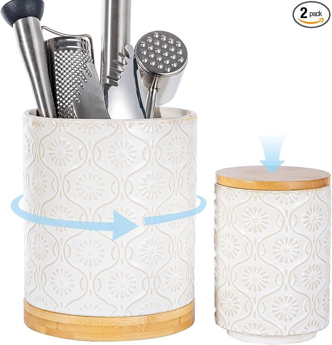 TEATALK Ceramic Utensil Holder Set, 360° Rotating Organizer for Countertop, Farmhouse Vintage Style, Large and Small Crocks in White, 7.7"+5.7"