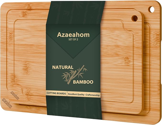 2-Piece Bamboo Cutting Board Set Serving Tray Juice GroovesHandles | Ideal for Meat Vegetables Fruit,Easy Storage & Quick Clean,Natural Wood Construction,Dual-Purpose as Serving Tray