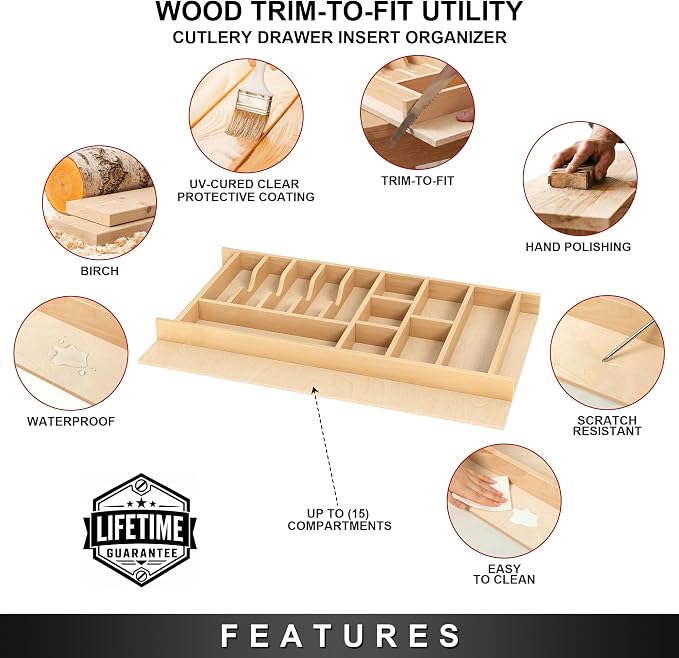 Clikuutory Natural Birch Wood Utensil Drawer Insert Organizer with 15 Compartments, Space-Saving Sturdy Drop-In Cutlery Divider Tray, Kitchen Cabinet Storage for Silverware, Spoons, Forks and Knives