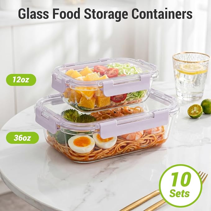 10 Sets 36 oz & 12 oz Glass Food Storage Containers with lids, Purple | 20-Piece Airtight Leak-proof Glass Meal Prep Containers with Lids, Microwave Oven Freezer Dishwasher Safe