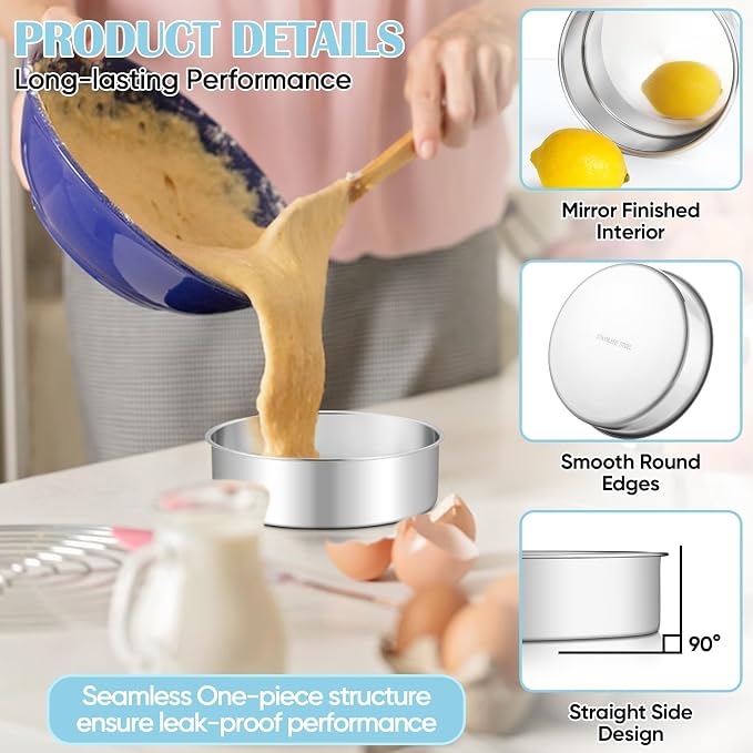 TeamFar 6 Inch Cake Pan, 2 Pcs Stainless Steel Round Tier Cake Pan Set | for Baking Steaming Serving, Fit in Oven Pot Air Fryer, Healthy & Heavy Duty, Mirror Finish & Easy Clean, Dishwasher Safe