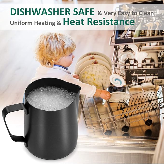 Milk Frothing Pitcher 600ml/20oz Steaming Pitchers Stainless Steel Milk Coffee Cappuccino Latte Art Barista Steam Pitchers Milk Jug Cup with Decorating Art Pen, Matte Black