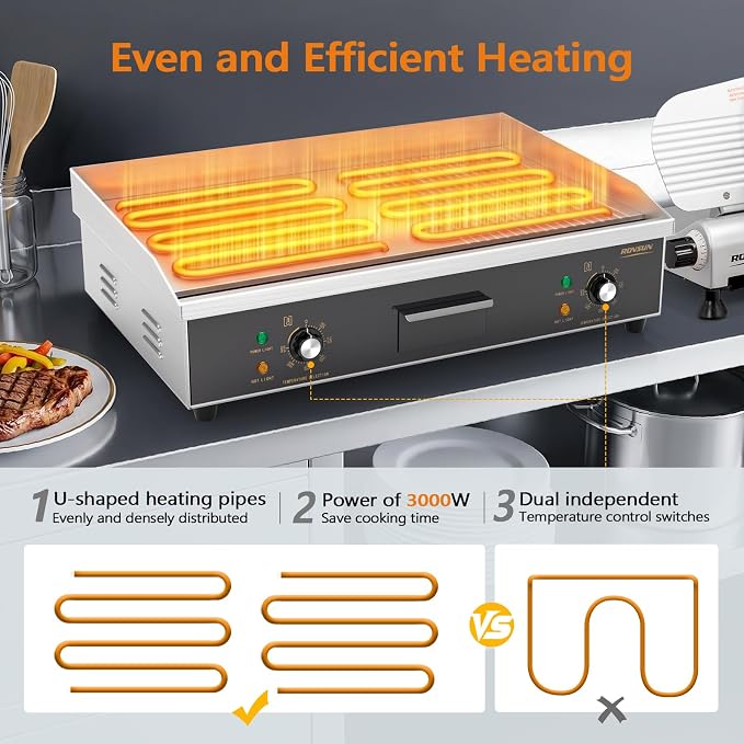 ROVSUN 30" Electric Griddle, Electric Countertop with Half Flat Top Griddle, 3000W Grill Stainless Steel with Adjustable Temperature Control 122°F-572°F for Commercial Home Restaurant, Plug