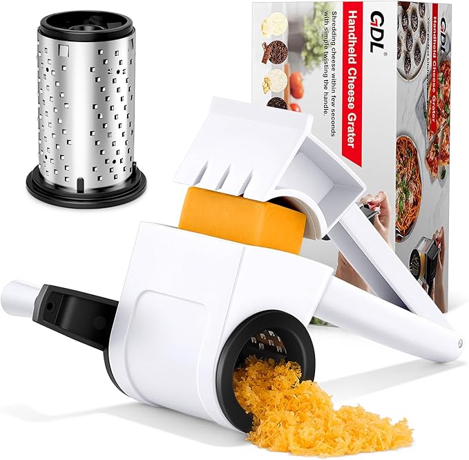 GDL Rotary Parmesan cheese Grater, Cheese Grater Shredder Hand Crank | No BPA, Stainless Steel Etched Blade, Dishwasher Safe, Ergonomic, Hard & Soft Cheese, Multi-Purpose, Detachable, Ambidextrous