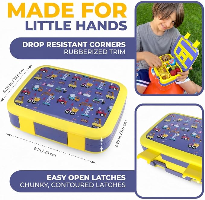 kinsho Bento Lunch Box Container for Small Kids Boys, Blue Yellow Trucks | 5 Portion Sections, BPA-Free Spill-Proof Leakproof Removable Plastic Tray, Snacks and Lunches for Toddlers Pre-School Daycare