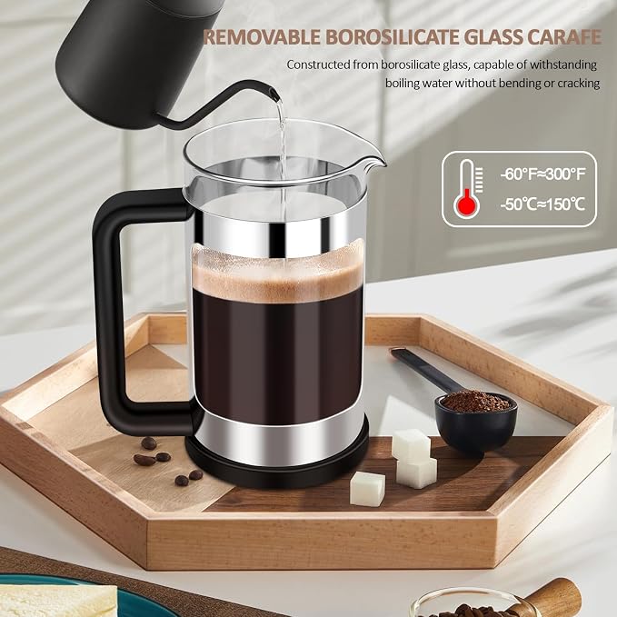 RAINBEAN French Press Coffee Maker 12 Oz, Mini Coffee Press 1 Cup, Single Serve French Press, With 3 Filterations, Heat Resistant Thickness Borosilicate Glass, Coffee Brewer Tea Press