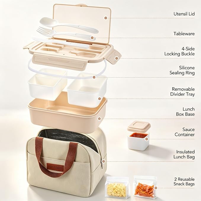 Bento Lunch Box Set for Adults & Kids with Insulated Bag Khaki | Includes lunch bag, spoon, fork, sauce box,BPA-free & dishwasher safe,For adults.child, school, work, office, travel, picnic