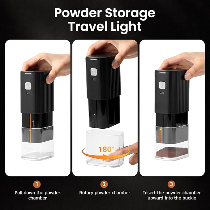 VEVOK CHEF Portable Electric Coffee Grinder,Adjustable Conical Burr Coffee Bean Mill,One-Button Grinder with USB Rechargeable,Auto‑Stop for Espresso to French Press,for Outdoor Use(Black)