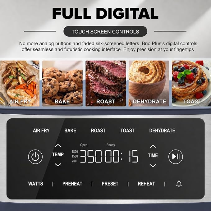 Nuwave Brio Plus 7QT Air Fryer, Extra Crispy Results w/Less Oil, PFAS-Free | Non Toxic, Odor-Free, More Even, 100 One-Touch Presets, 6-in-1: Air Fry, Bake, Roast, Toast, Dehydrate & Reheat, 50°F–400°F