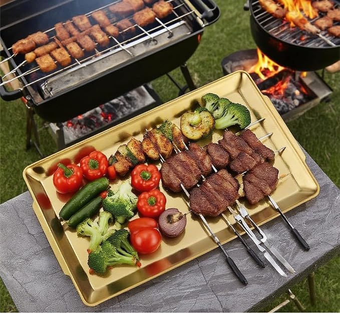 15.8" x 9.5" Large Serving Platters, Stainless Steel Heavy-Duty Large Serving Trays, Gold Rectangular Plates for Food, Fruit, Party, Wedding, Christmas, Chip and Scratch Resistant