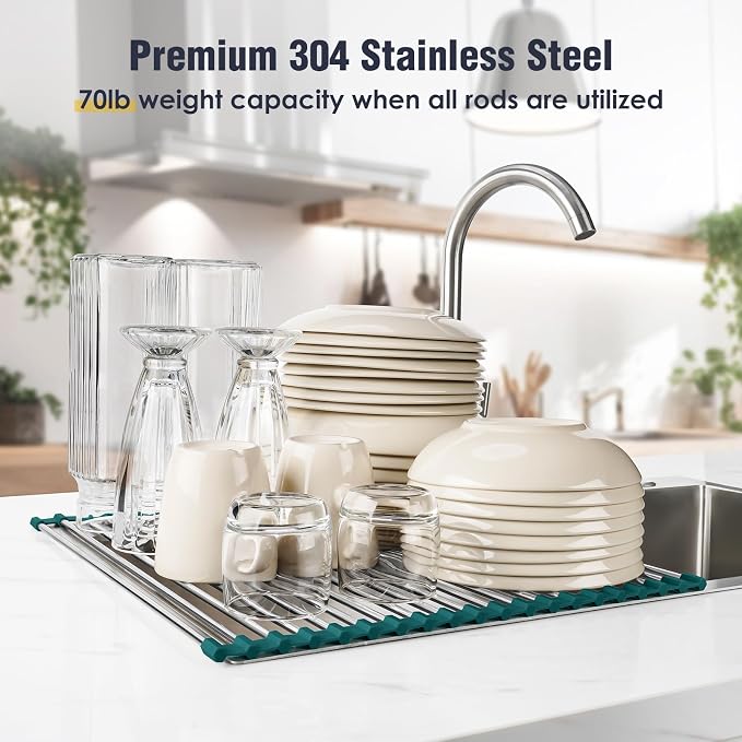 Tomorotec Roll Up Dish Drying Rack Over Sink, 304 Steel,21x15.5,Dark Green | Anti-Slip Silicone Rims For Grip, Heat-Resistant Trivet Mat Holding Heavy Cookware, Rustproof Kitchen Counter Space Saver