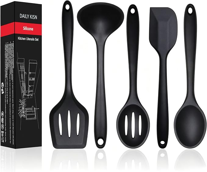 5PCS Silicone Kitchen Utensils Set, Non Stick Cooking Tools, Black | Silicone Spatula/Turner/Spoons/Soup Ladle | Heat Resistant | Dishawasher Safe