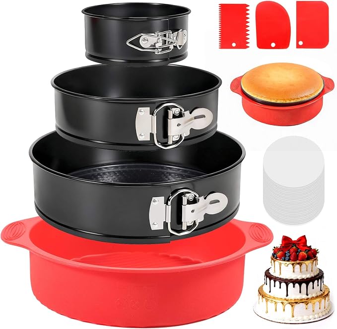 MASSUGAR 4 7 9 Inch Springform Pan Cheesecake Pan with Silicone Protector, 50 Pcs Parchment Paper Liners, 3 Cake Scrapers, Leakproof Round Cake Pan for Baking in Water Bath Nonstick Spring Form Pan