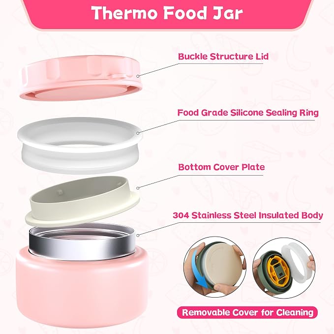 Aimsnk Lunch Box Kids with Thermo Insulated Lunch Bag for School, Pink | Bento Lunch Box for Kids with 8oz Food Jar, Leak Proof Hot Lunch Containers with 4 Compartment, Warm Lunchbox for Toddler