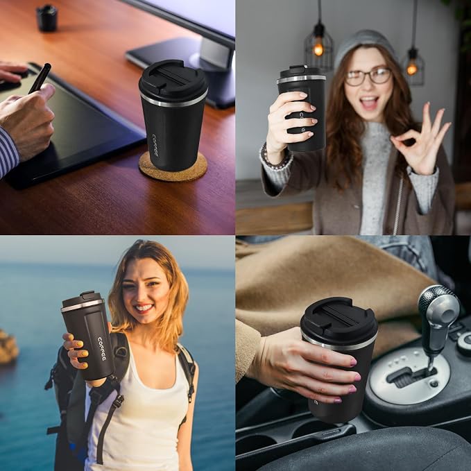 4 Pack Travel Coffee Mug 17oz Insulated Coffee Cup with Lid, Reusable Thermal Coffee Cup Stainless Steel Coffee Tumbler to Keep Hot & Cold Drinks for Car, Daily, Travel and Gifts, Black