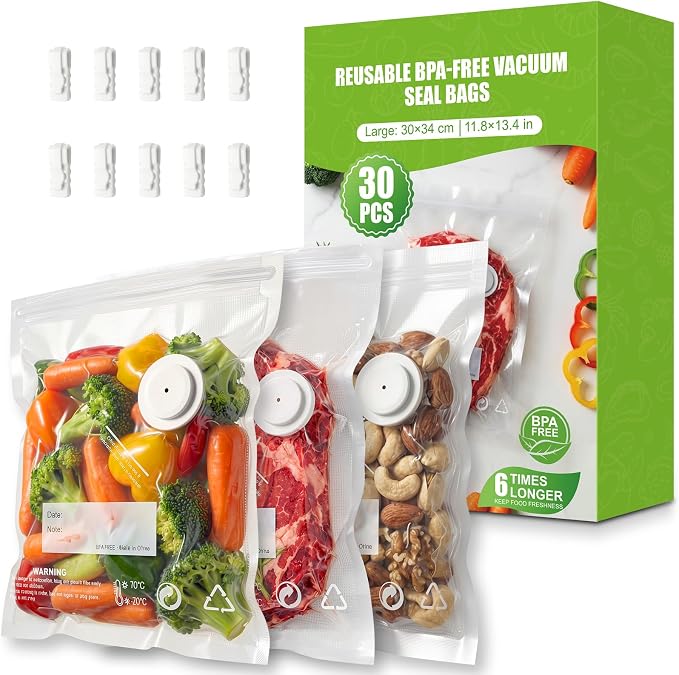 RIWUSI 30PCS Reusable Vacuum Sealer Bags for Food with Air Valve & 10 Seal Clips – Large (11.8 x 13.3 in), BPA Free Food Storage Bags,Lock in Food Freshness for Freezer, Microwave, Sous Vide Cooking