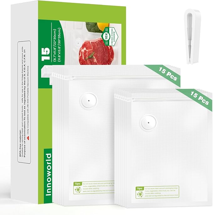 Reusable Vacuum Sealer Bags for Food,15 PCS 8.7"×11.8" & 15 PCS 11.8"×13.8" | Reusable Bags with Air Valve for Food Storage, Freezer, Microwave, Odor-Resistant, Leak-Proof,Fit with Compact Vacuum Sealers