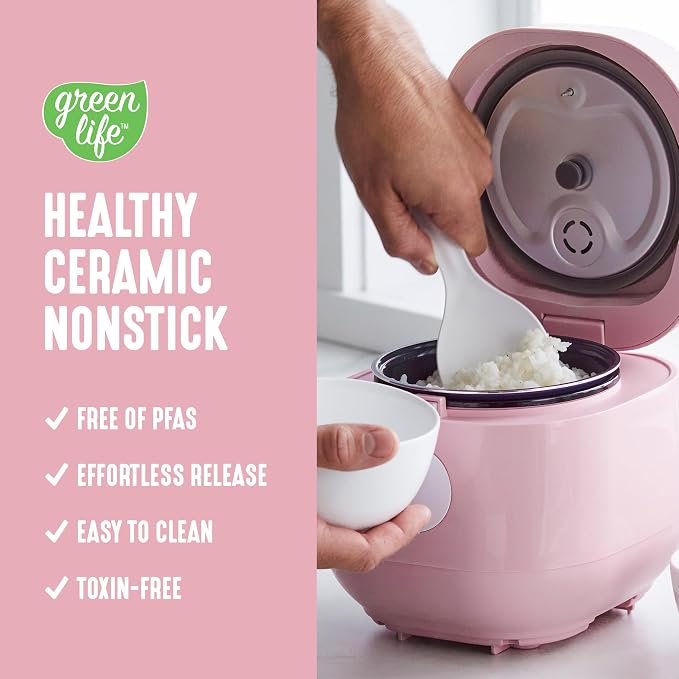 GreenLife Digital Rice Cooker, 2-Cups Uncooked/4-Cups Cooked, Pink | PFAS-Free Ceramic Nonstick Coated 1.5QT Pot, One-Touch Presets, Oats, Quinoa, Brown Rice, Auto Warming, Fuzzy Logic Tech
