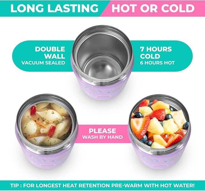 kinsho Kids Bento Lunch Box Set with Thermo, Bag & Ice Pack Purple Rainbow | 4 Compartment Container, Stainless Steel Food Jar for Hot Soup, Snacks, Daycare or School Lunches for Toddlers & Small Girls