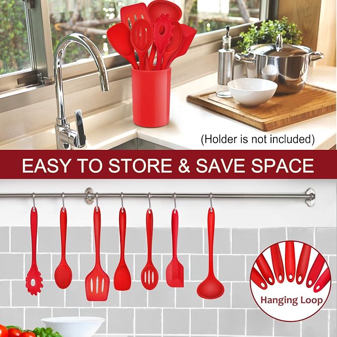 P&P CHEF Red Kitchen Utensils, Silicone Cooking Utensil Set of 7 | Soft Spatula for Nonstick Cookware, Slotted Turner, Soup Ladle, Pasta Server, Spoon for Cooking, Dishwasher Safe & Heat Proof