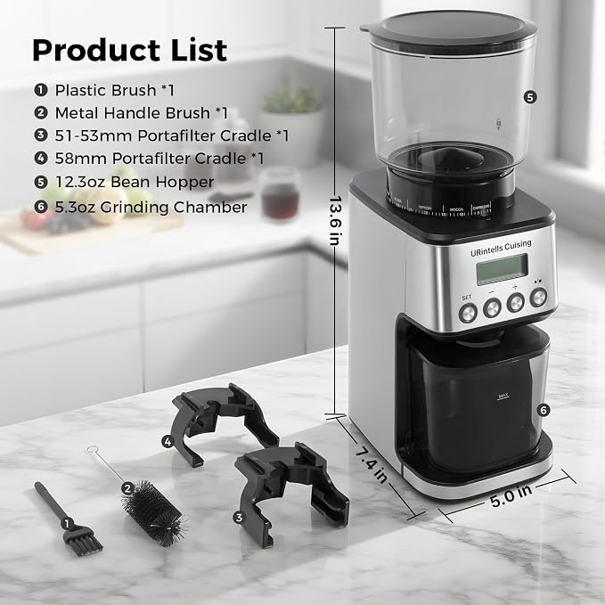 URintells Cuising Burr Coffee Grinder, 51 Grind Setting and Low-Speed Motor | 51-53mm & 58mm Portafilters Holder, Anti-Static Ground Bin, 0.1s Precision Dosing, Hands-Free Grinding, 12.3oz Bean Hopper