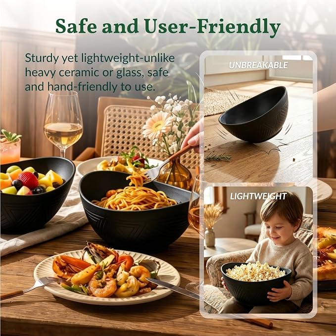 9.6 inch Serving Bowls, Large Serving Dishes for Wedding Parties, 60 Oz for Salad, Side Dishes, Pasta, Oval Shape, Microwave & Dishwasher Safe, Set of 4, Black