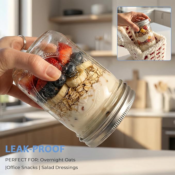 CycleMore 16oz 6 - Pack Wide Mouth Mason Jars with Airtight Lids & Colorful Lids, Glass Canning Jars with Measurement Marks, for Canning, Preserving, Overnight Oats, DIY Crafts