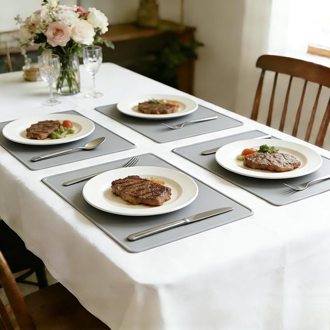 IYYI Silicone Placemats, Dining Placemats Set of 4, Waterproof Placemats for Kids, Heat Resistant Non-Slip Silicone Mats for Dinner Table, Dishwasher Safe (Light Gray, 18.9×11.8)