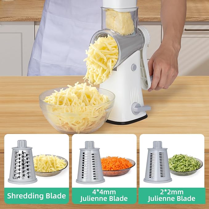 Rotary Cheese Grater Hand Crank with Reinforced Suction & 5 Blade | Strong Suction Base Stays Firm, 5 Interchangeable Blades, Great for Vegetables & Nuts, Mandoline Slicer for Kitchen, White