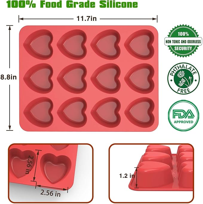 SILIVO Silicone Heart Muffin Pan (2 Pack) - Nonstick Silicone Molds for Baking, Cupcake Pan for Brownies, Tartlets and Egg Bites