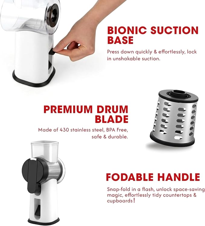 Rotary Cheese Grater Hand Crank with Foldable Handle, Three Blades | Perfect Graters for Kitchen, Fresh Cheese, Vegetables, Nuts, Shredder Hand Crank with Suction Base, Rotary Grader