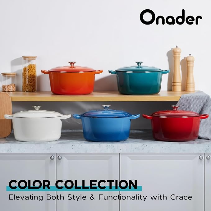 Onader Small Dutch Oven Pot with Lid, 3 Quart Round Enameled Dutch Oven for Bread Baking, Heavy Duty Cast Iron Cookware - Dark Cyan