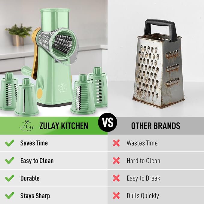 Zulay Kitchen Rotary Cheese Grater 5 Blade Cheese Shredder - Manual Hand Crank Cheese Grater With Reinforced Suction & 5 Interchangeable Drums - Easy to Use, Vegetable Chopper Round Mandoline Slicer